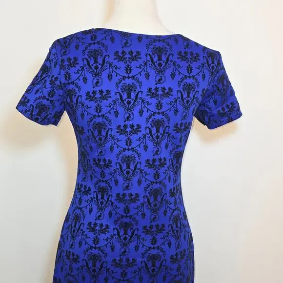 Vintage Royal Blue Black Velvet Flocked Damask Regencycore Dress Bodycon SZ S - Picture 5 of 6